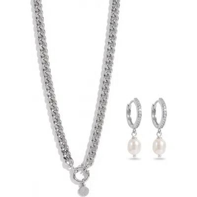 Joey Baby Cuban Link Chain Silver Necklace And Freshwater Pearl Drop Earring Set In Metallic