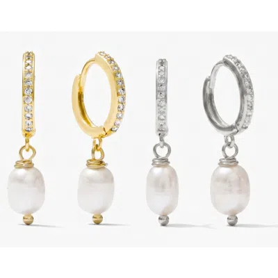 Joey Baby Freshwater Pearl Drop And Huggie Hoop 18k Gold Plated Earring Set In White