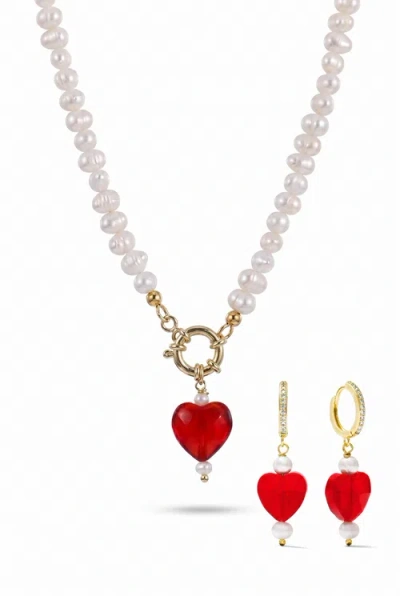 Joey Baby Freshwater Pearl Heart Charm Gold Plated Necklace And Matching Earring Gift Set