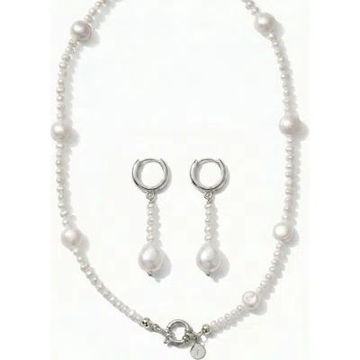 Joey Baby Kylie Pearl Strand Necklace & Drop Hoop Earring Set In White
