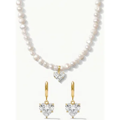 Joey Baby Lola Heart Charm Pearl Necklace & Heart Huggie Earring Gift Set In Gold