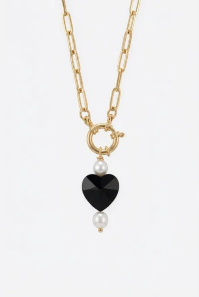 Joey Baby Paperclip Chain Necklace With Black Heart Pendant In Gold