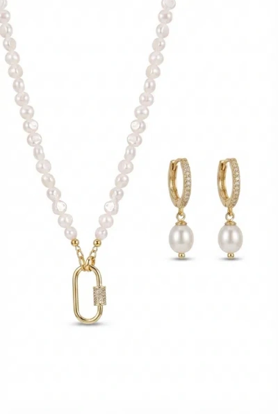 Joey Baby Taylor Freshwater Pearl Layered Necklace And Huggie Earring Set In Gold
