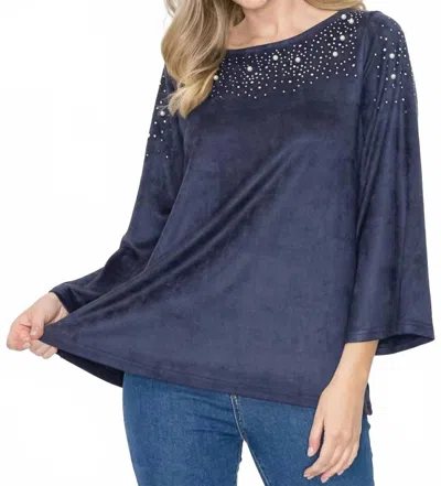 Joh Annie Suede Top With Studs And Pearls In Navy In Blue