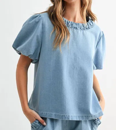 Joh Denna Puff Sleeve Top In Denim In Blue