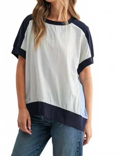 Joh Joy Mixed Media Short Sleeve Top In Navy/ Silver In White