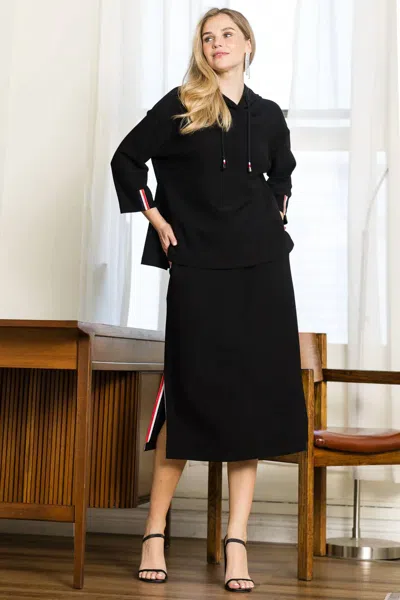 Joh Khloe Knit Crepe Hoodie Top With Contrast Stripes In Black