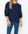 Joh Pointe Knit Top With Lace In Navy In Blue