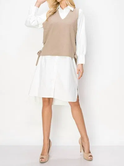 Joh Whema Woven Shirt Dress With Detachable Sweater Knitted Vest In Khaki White In Multi