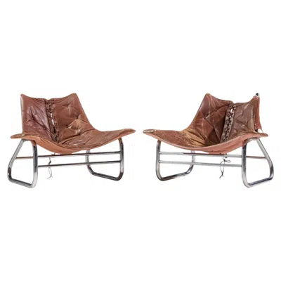 Pre-owned Johan Bertil Häggström - Swed-form Swedish Leather, Chrome Corset Chairs - Pair In Brown