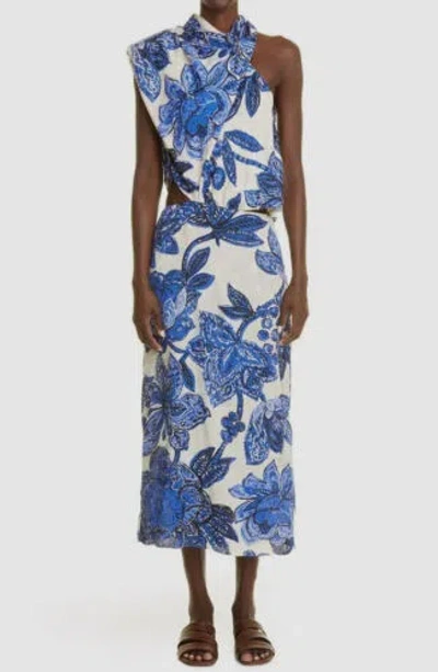 Pre-owned Johanna Ortiz $1795  Women's Blue Jacquard One-shoulder Midi Dress Size 12