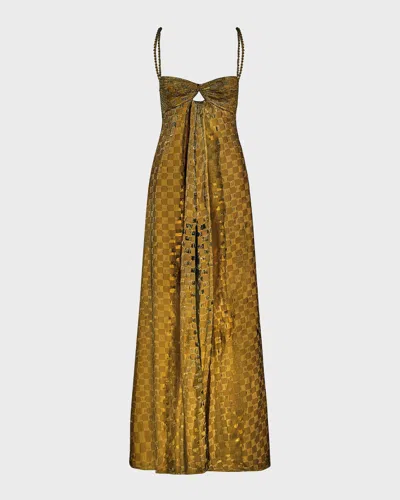 Johanna Ortiz Admirable Masterpiece Metallic Checker Maxi Dress In Bronce