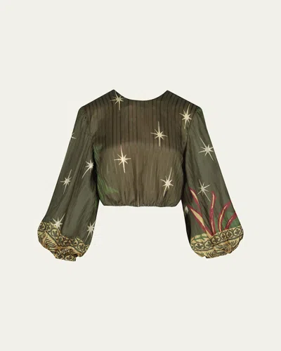 Johanna Ortiz Afterwork Ballon-sleeve Reversible Crop Top In Green