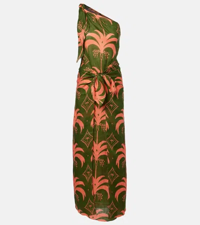 Johanna Ortiz Asymmetric Printed Linen Midi Dress In Green