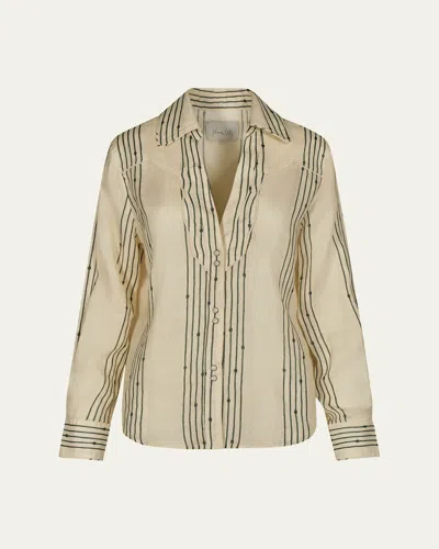 Johanna Ortiz Bareboat Stripe Linen Shirt In Rope Stripes Ecru - Green