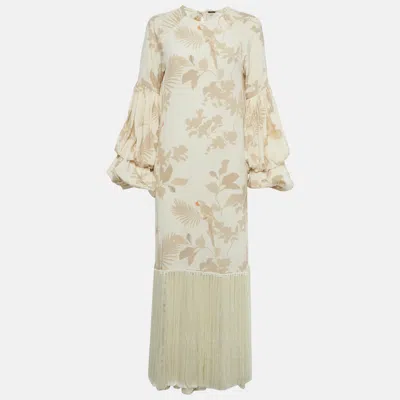 Pre-owned Johanna Ortiz Beige Printed Silk Fringe Detail Dress M In Sand