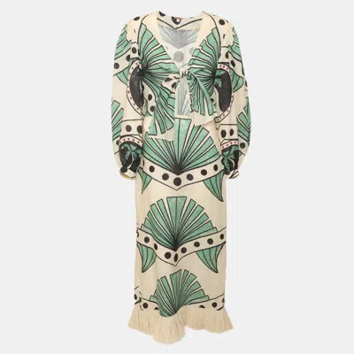 Pre-owned Johanna Ortiz Beige/green Palm Print Linen And Straw Maxi Dress M In Multi