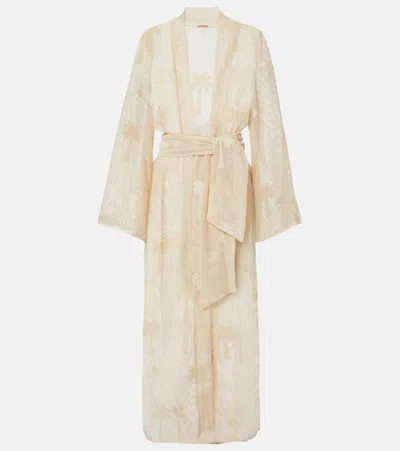 Johanna Ortiz Belted Embroidered Cotton Mesh Kaftan In Nude