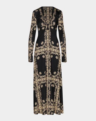 Johanna Ortiz Black Ecru Embroidered Long-sleeve Maxi Dress In Print