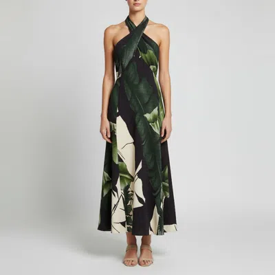 Pre-owned Johanna Ortiz Black/green Printed Plisse-satin Halter Neck Midi Dress S