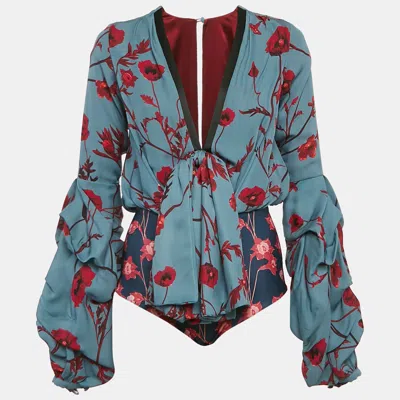 Pre-owned Johanna Ortiz Blue Floral Print Silk Blend Bow Detail Bodysuit Xs