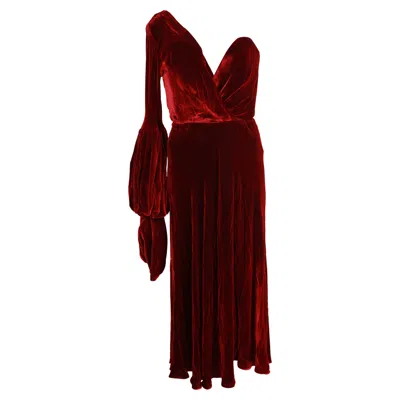 Johanna Ortiz Bow Belt One-shoulder Midi Dress In Burgundy Velvet In Red