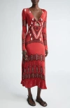 Johanna Ortiz Broken Arrow Long Sleeve Reversible Midi Dress In Apacheria Red-wine-ecru