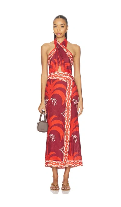 Johanna Ortiz Cutout Printed Linen Halterneck Maxi Dress In Red