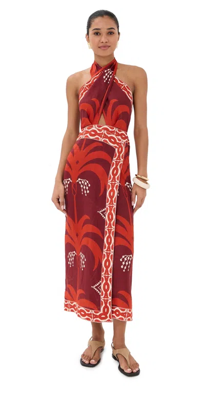 Johanna Ortiz Cutout Printed Linen Halterneck Maxi Dress In Red