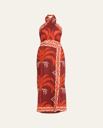 Johanna Ortiz Buen Viento Crisscross Halter Wrap Midi Dress In Brown