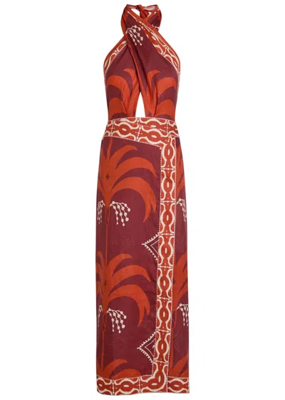 Johanna Ortiz Cutout Printed Linen Halterneck Maxi Dress In Red