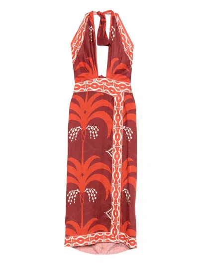 Johanna Ortiz Cutout Printed Linen Halterneck Maxi Dress In Red