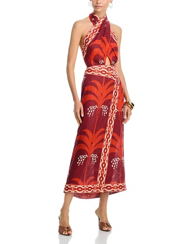 Johanna Ortiz Cutout Printed Linen Halterneck Maxi Dress In Red