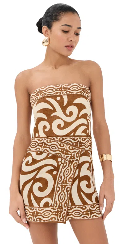 Johanna Ortiz Raiz Ritual Strapless Printed Linen Mini Dress In Brown