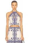 Johanna Ortiz Cantos Andaluz Crepe Halter Top In Tropicalismo Andaluz  Ecru  & Blue
