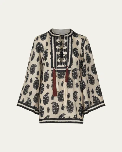 Johanna Ortiz Caretaker Of The Jungle Linen Mini Tunic Dress In Ecru/black