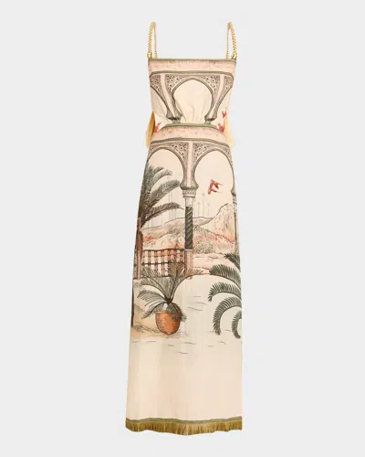 Johanna Ortiz Cartagening Tasseled Straw-trimmed Printed Linen-voile Midi Dress In Tropialy Meets Indian - Ecru-green-sand