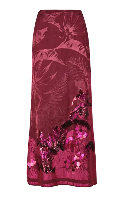 Johanna Ortiz Castilian Style Satin Jacquard Maxi Skirt In Burgundy