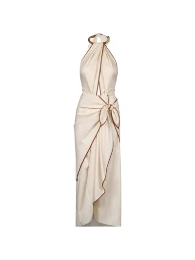 Johanna Ortiz Centro Del Cielo Leather-trimmed Cotton-blend Halterneck Dress In Neutral
