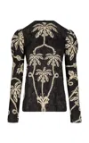 Johanna Ortiz Compass Charm Printed Puff Sleeve Top In Black,white