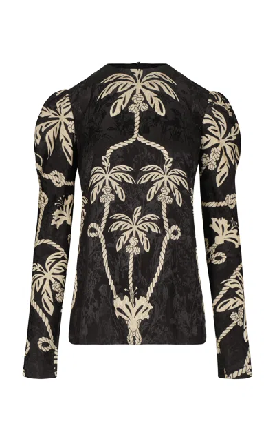 Johanna Ortiz Compass Charm Printed Puff Sleeve Top In Black,white