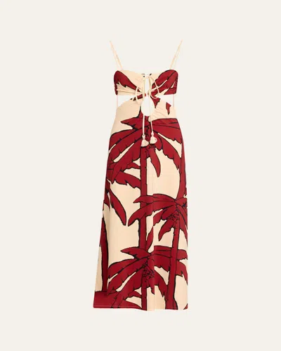 Johanna Ortiz Cory Reefs Ankle Dress In Salty Palms Ecru/red