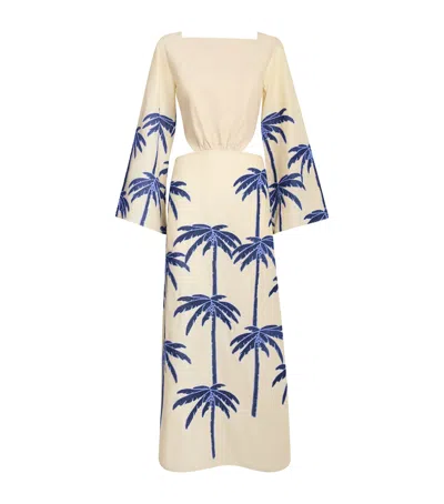 Johanna Ortiz Journey Embroidered Cotton-blend Midi Dress In Ecru/blue