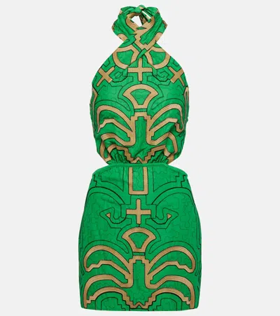 Johanna Ortiz Cotton Minidress In Nishi-ibo Palms Green & Ecru