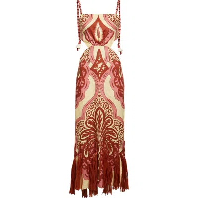 Johanna Ortiz Counter Rhythm Cutout Fringe Trim Linen Maxi Dress
