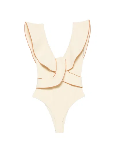 Johanna Ortiz Crinkle Ruffled-detail Swimsuit In Neutral
