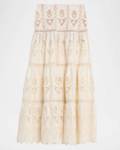 Johanna Ortiz Crochet Lace Tiered Maxi Skirt In White
