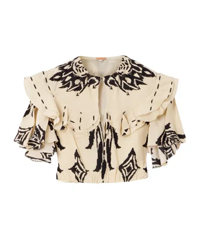 Johanna Ortiz Influencial Tribes Cropped Ruffled Printed Silk-chiffon Top In Ivory In White