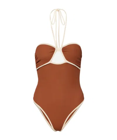 Johanna Ortiz Cutout Halterneck Swimsuit In Brown