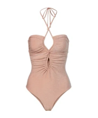 Johanna Ortiz Cutout Ruched Halterneck Lamé Swimsuit In Brown